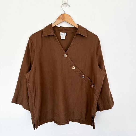IC Collection Women’s Linen Brown Asymmetrical Mother of Pearl Button Collared B - Picture 1 of 7